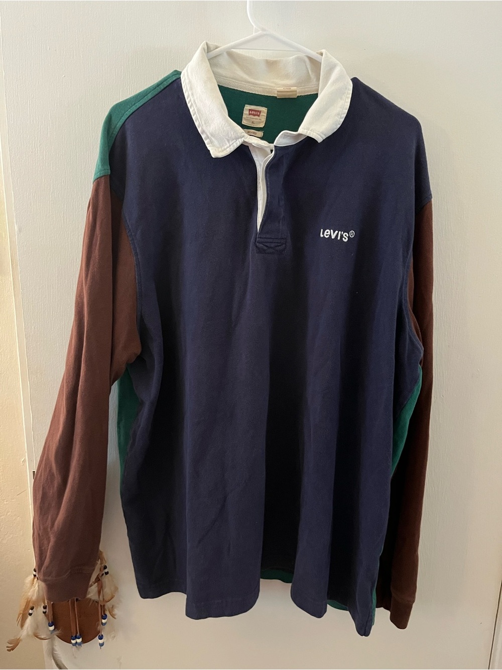 Levi’s Rugby Shirt Men’s XL Colorblock Navy Brown Green Long Sleeve Relaxed Fit